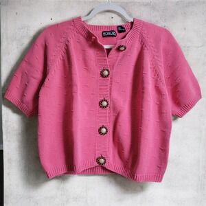 Vintage HONORS 100% Cotton Pink Short Sleeve Thick Knit Cardigan Sweater Medium